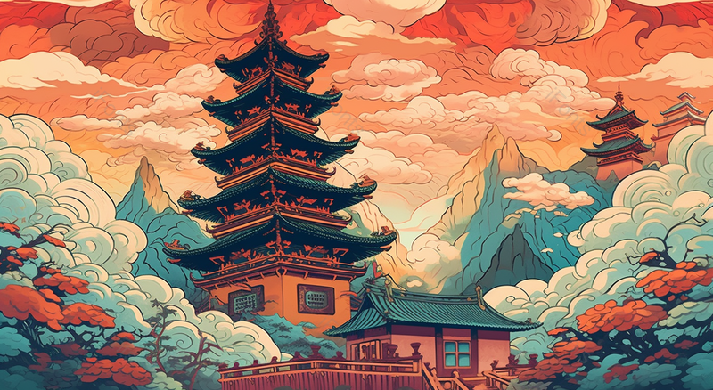 国潮风黄鹤楼宫殿建筑背景中国风手绘图,插画/手绘图,插画/手绘图库,插画/手绘图下载,插画/手绘